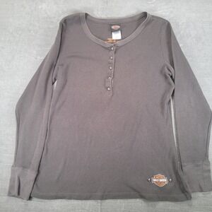 Harley Davidson Womens 1X Charcoal Gray Waffle Knit Skull Button Henley Shirt
